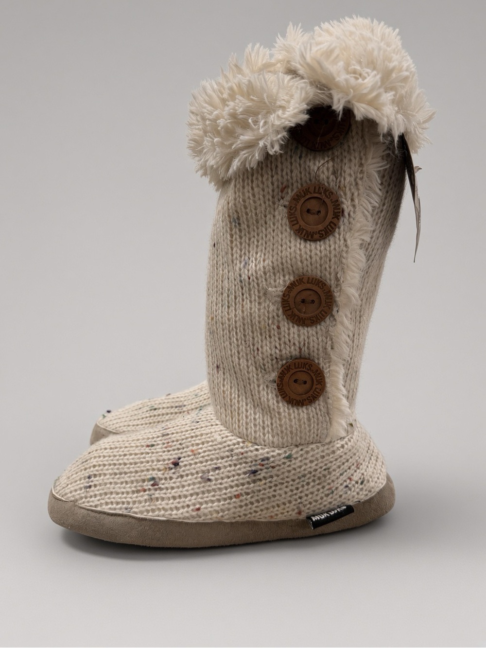 Muk Luks Knit Slipper Boots Cream Speckle Faux Fur Medium 7-7.5 NWT